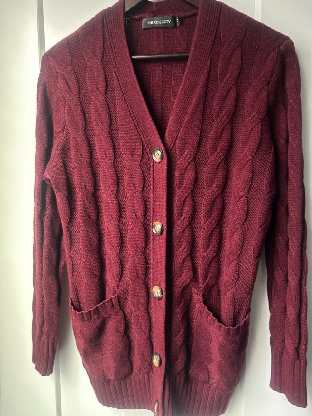 MEROKEETY Burgundy Cable Knit Button Front Cardigan Size M